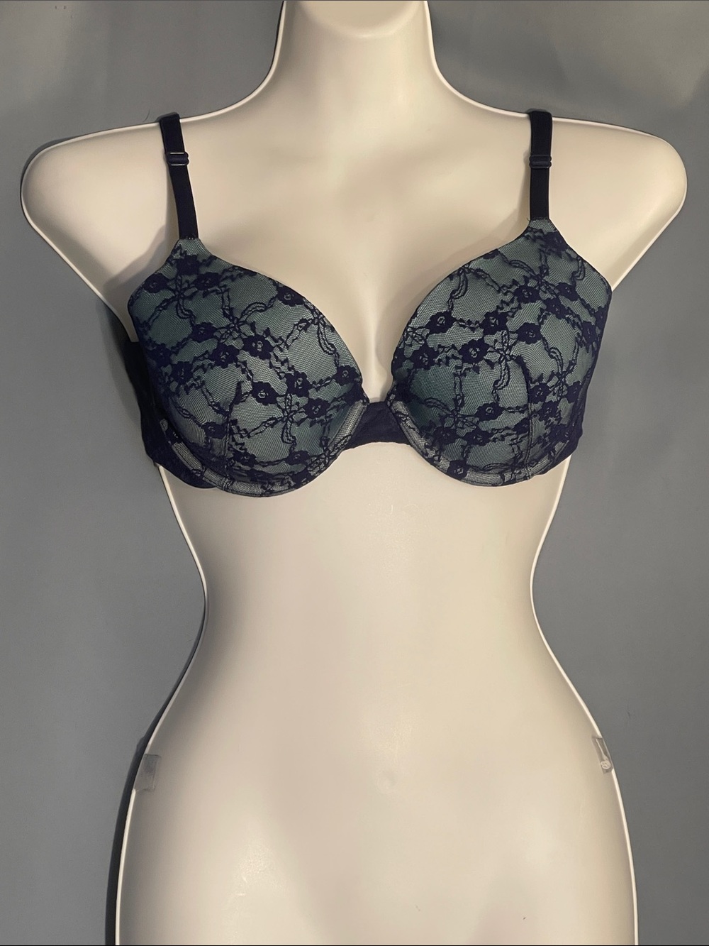 Victoria's Secret Teal Bra with Navy Lace Overlay